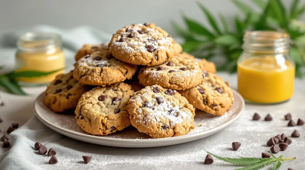 Fertig gebackene Cannabiskekse mit Schokoladenstückchen und Puderzucker.