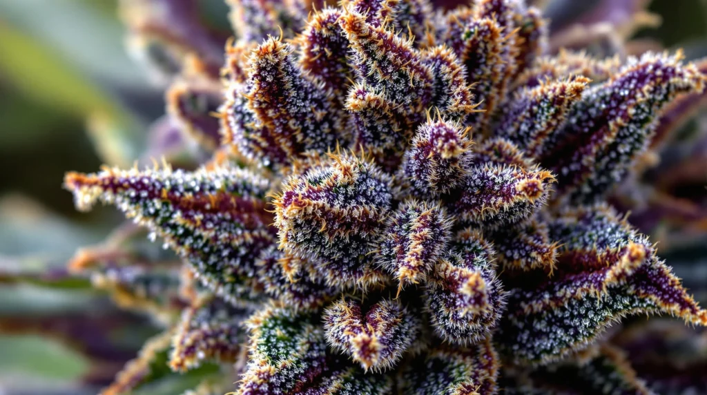 Close-up of Grape Ape Auto cannabis buds showing trichomes and purple hues.