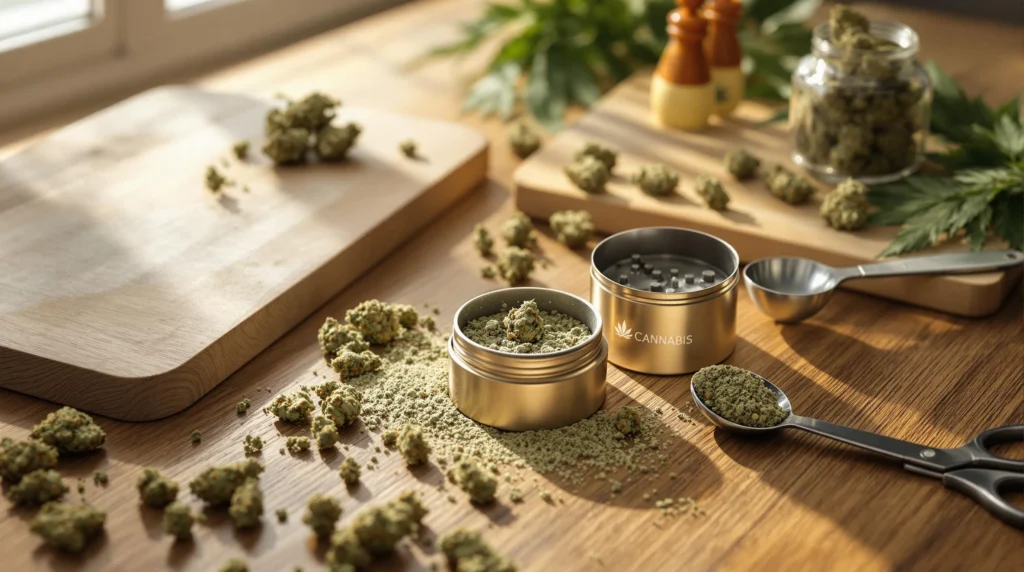 Ein Cannabis-Grinder mit gemahlenem Cannabis und Blüten, verstreut auf einer Holzoberfläche.