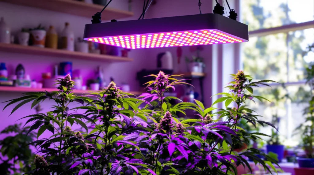 Grow LED Lampe über Cannabis Pflanzen in einem Indoor Garten.