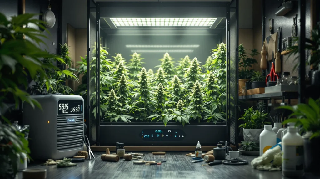 Eine gut belüftete Growbox mit Entfeuchter und gesunden Cannabispflanzen unter LED-Lichtern.