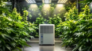 Eine Growbox mit Entfeuchter und gesunden Cannabis Pflanzen, die unter LED-Lichtern gedeihen.