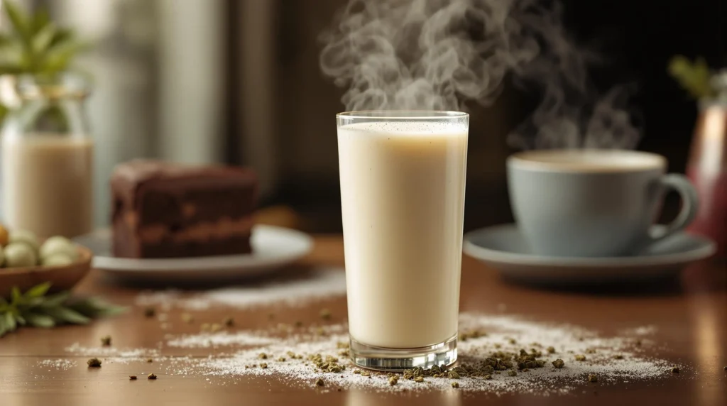 Hash Milch kombiniert mit Kürbis-Muffins und einer cremigen Suppe auf einem Tisch mit herbstlichen Dekorationen.