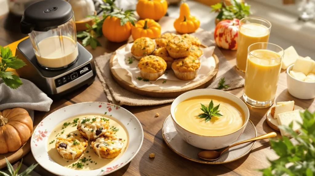 Hash Milch kombiniert mit Kürbis-Muffins und einer cremigen Suppe auf einem Tisch mit herbstlichen Dekorationen.