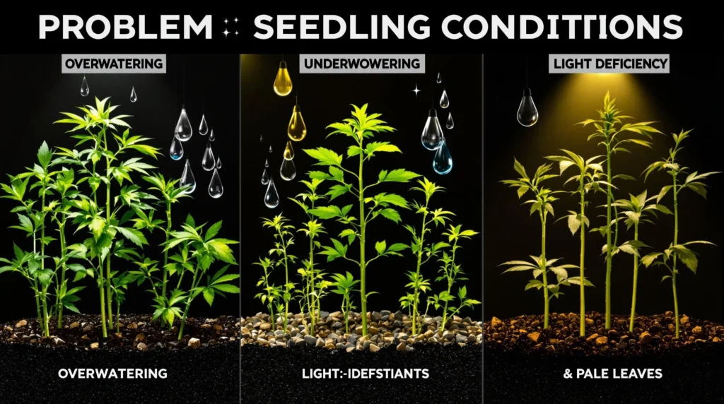 Keimlinge mit Überwässerung, Unterwässerung und Lichtmangel zeigen typische Wachstumsprobleme.