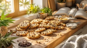 Frisch gebackene Kekse mit Gras und Schokoladenstückchen, bereit zum Genießen