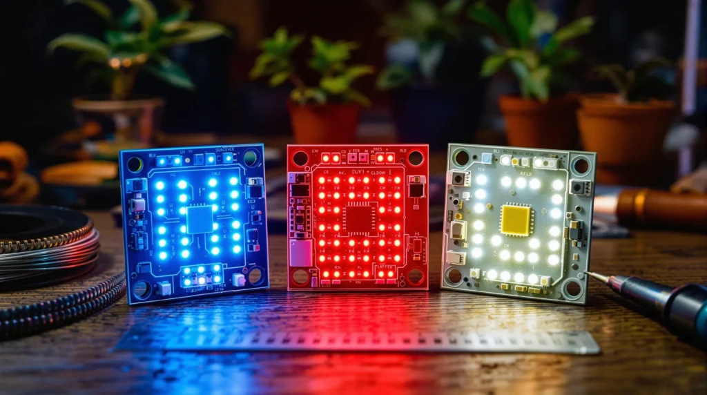 Nahaufnahme von LED Chips in Blau, Rot und Weiß zur Herstellung einer Grow LED Lampe.