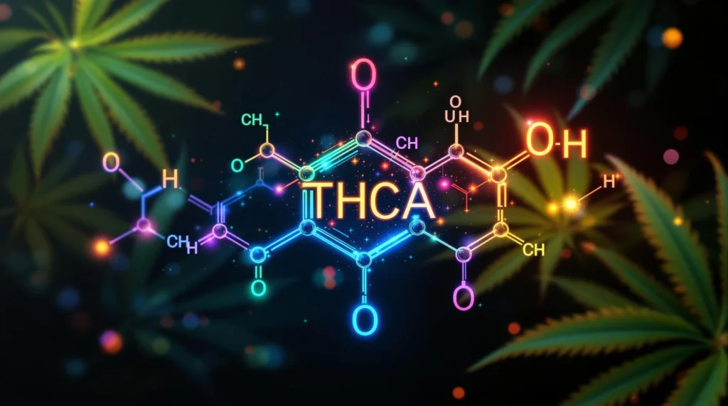 Visualisierung der THCA-Molekularstruktur in bunten Farben.