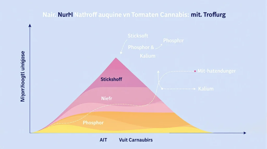 Diagramm der Nährstoffverteilung (Stickstoff, Phosphor, Kalium) bei der Anwendung von Tomatendünger für Cannabis.