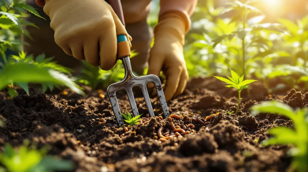 Arbeiter setzt Nematoden im Cannabisfeld ein, um Schädlinge zu bekämpfen.