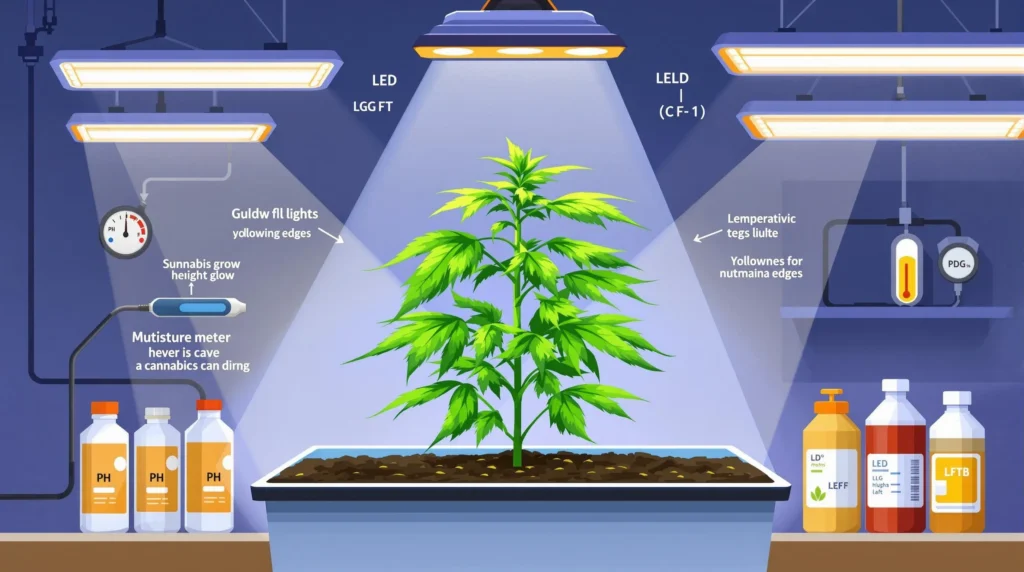 Eine Infografik, die die Pflege von Cannabispflanzen mit LED-Beleuchtung, pH- und Feuchtigkeitsmessern und Nährstoffkontrolle zeigt.