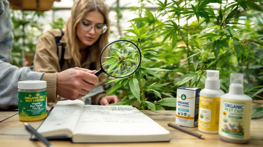 Eine Person inspiziert eine Cannabispflanze unter einem Vergrößerungsglas, in der Nähe befinden sich Produkte zur biologischen Schädlingsbekämpfung.