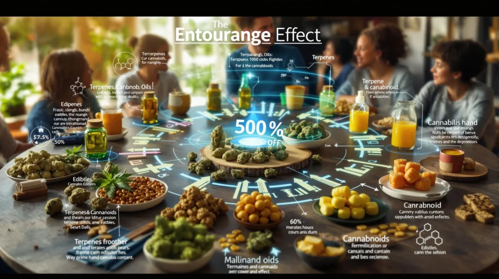 Interaktion von Terpenen, Ölen und Cannabinoiden im Cannabis, wobei der Entourage-Effekt hervorgehoben wird.