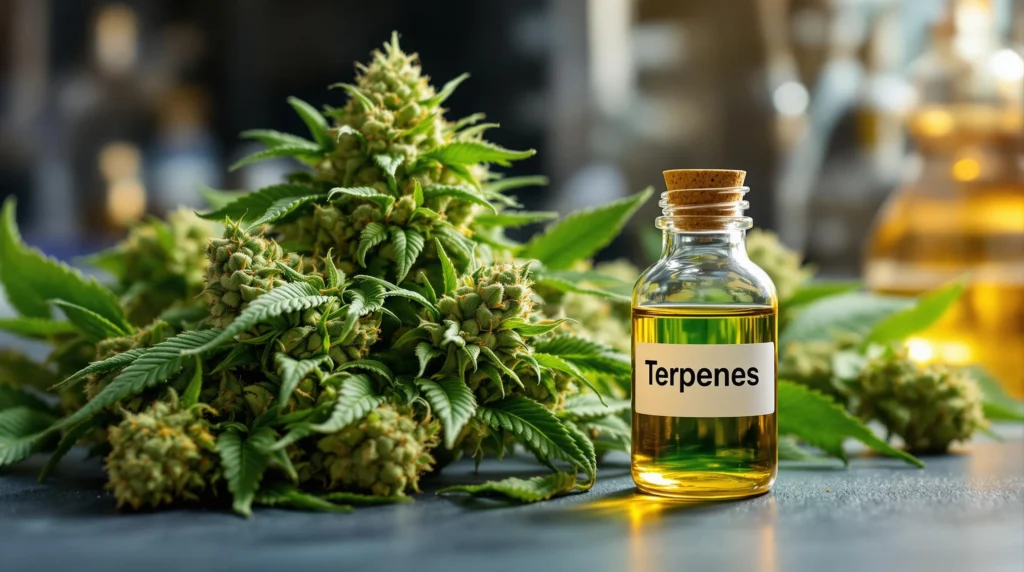 Flasche mit Terpenöl neben frischen Cannabisblüten