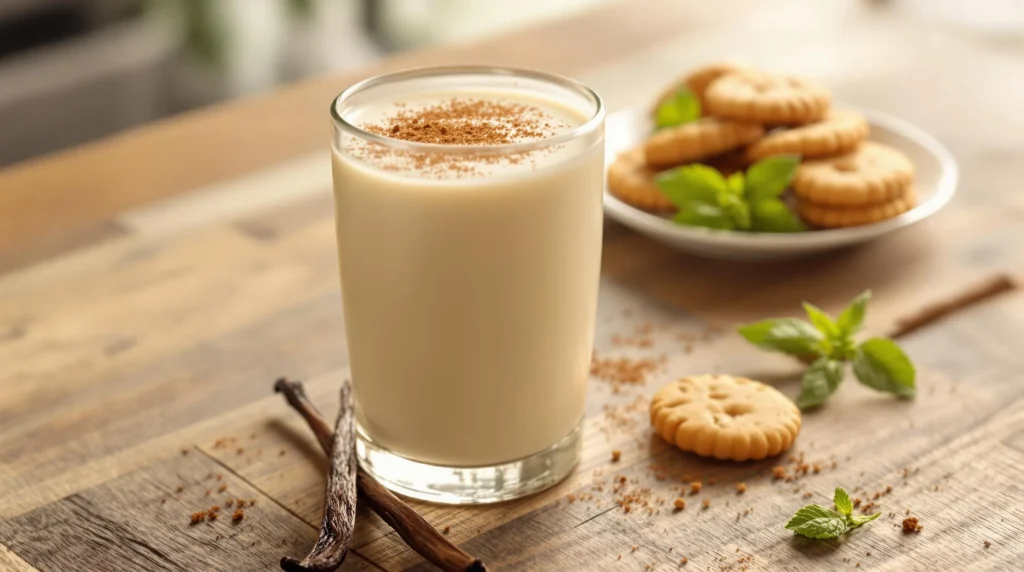 Ein Glas Cannabis-infundierte Milch mit Zimt, Keksen und Kräutern auf einem Holztisch.