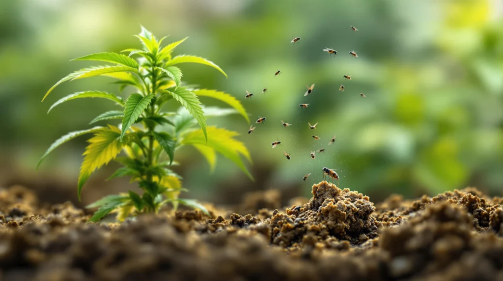 Cannabis-Pflanze mit Trauermückenbefall im Boden, der die Wurzeln schädigen könnte.
Beschreib