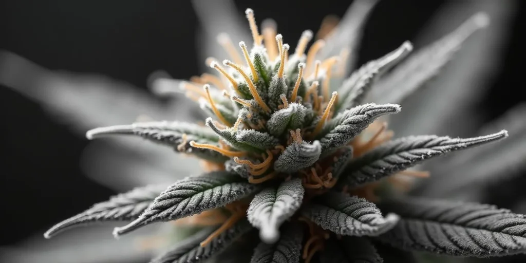 Detailaufnahme einer cannabis Blüte der 5 Alive Sorte mit harzigen Trichomen und orangefarbenen Stempeln.