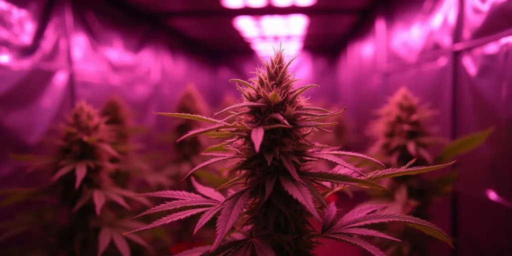 Cannabis Pflanze der 5 Alive Sorte, die unter pinkem LED Licht in einem Indoor Grow Zelt gedeiht.