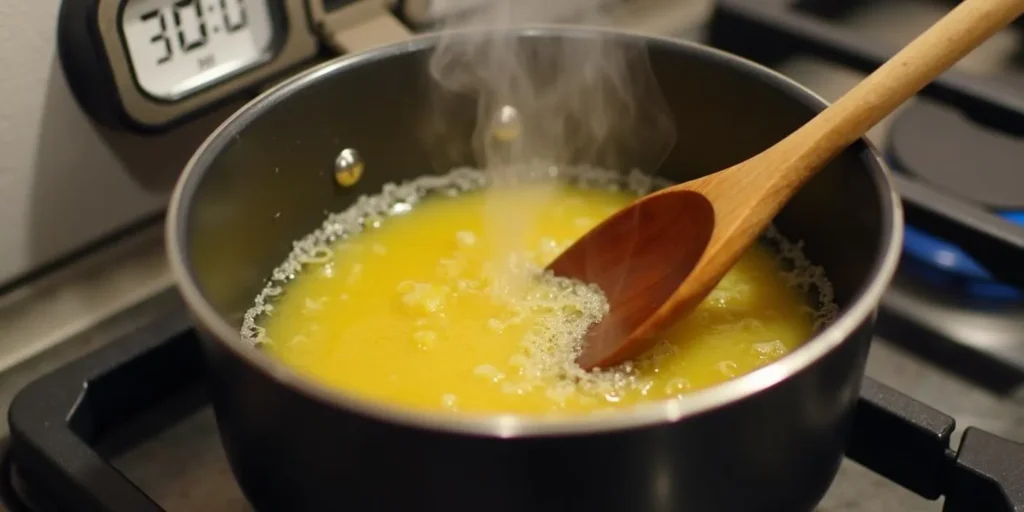 Schmelzende Butter in einem Topf, bereit für die Zubereitung von Hasch Cookies. Ideal für die Herstellung von Cannabis-Gebäck.