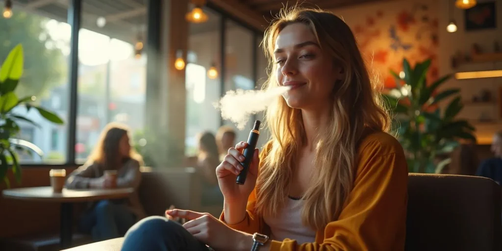 Junge Frau genießt CBD Dampfen mit einem nachfüllbaren Vape Pen in entspannter Café-Atmosphäre.