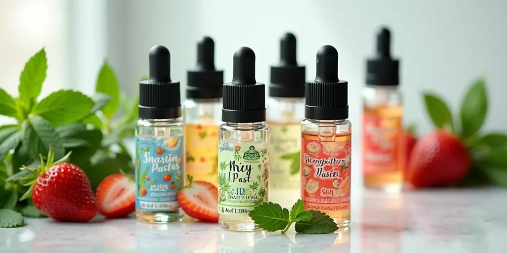 Flaschen mit CBD E-Liquids für nachfüllbare Vape Pens in verschiedenen Geschmacksrichtungen.