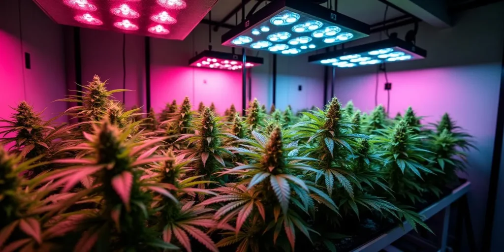 Cal Grow Lampen in einem modernen Grow-Raum mit LED-Technologie für optimales Cannabis-Wachstum.