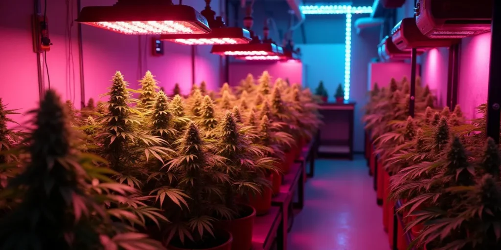 Test von Cal Grow Lampen in einem Cannabis-Growraum mit intensiver LED-Beleuchtung.