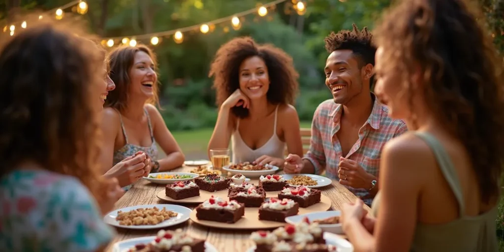 Genieße köstliche Canna Brownies mit Freunden in einer entspannten und festlichen Atmosphäre, ideal für jede Gelegenheit.