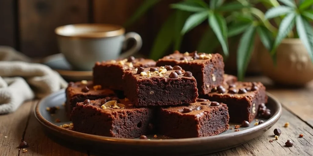 Canna Brownies, dekoriert mit Nüssen und Schokoladenstückchen für zusätzlichen Geschmack.