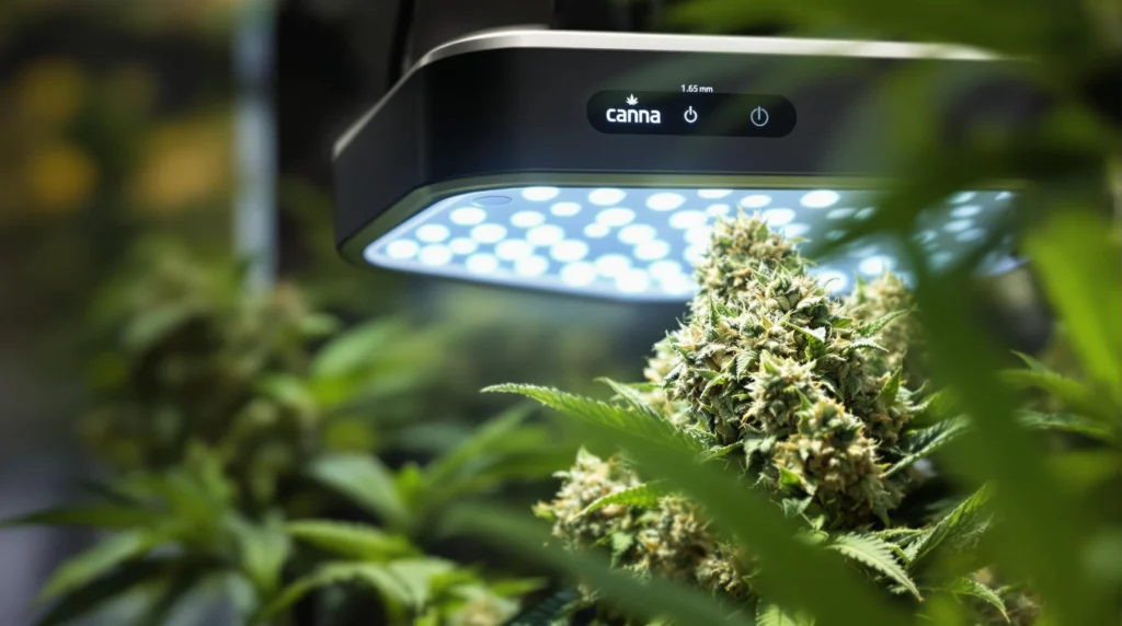 Cannabis Pflanze unter einer Canna LED Lampe während der Blüte.