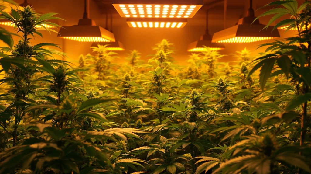 Cannabis Pflanzen in einem Indoor-Garten unter Canna LED Lampen.