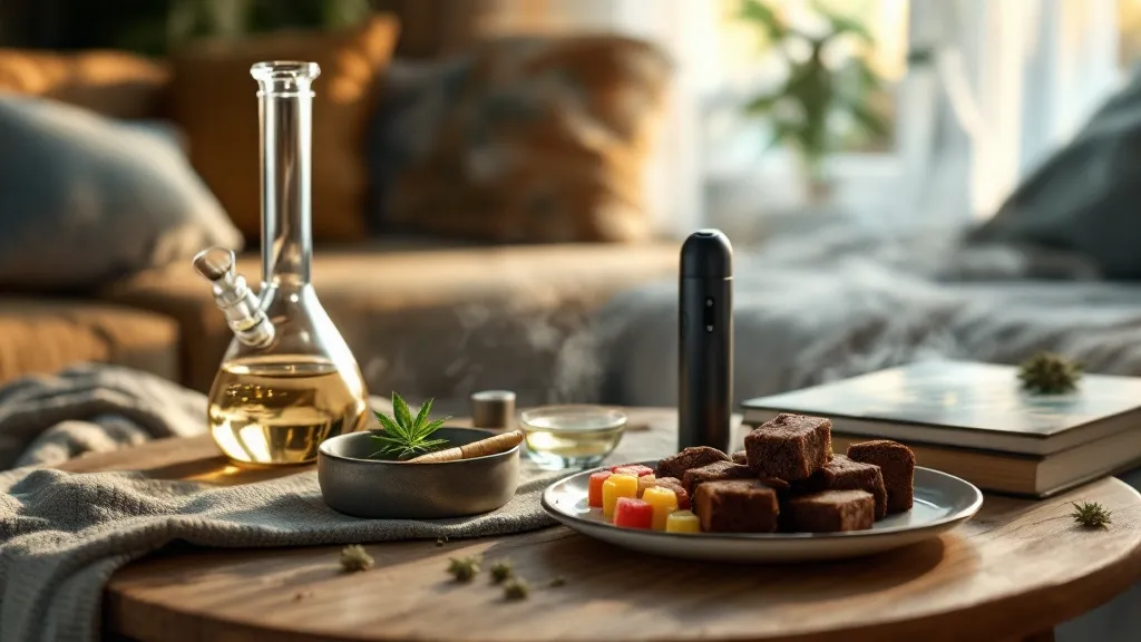 Cannabis Knospen und Konsumartikel wie ein Bong und Esswaren auf einem Tisch.