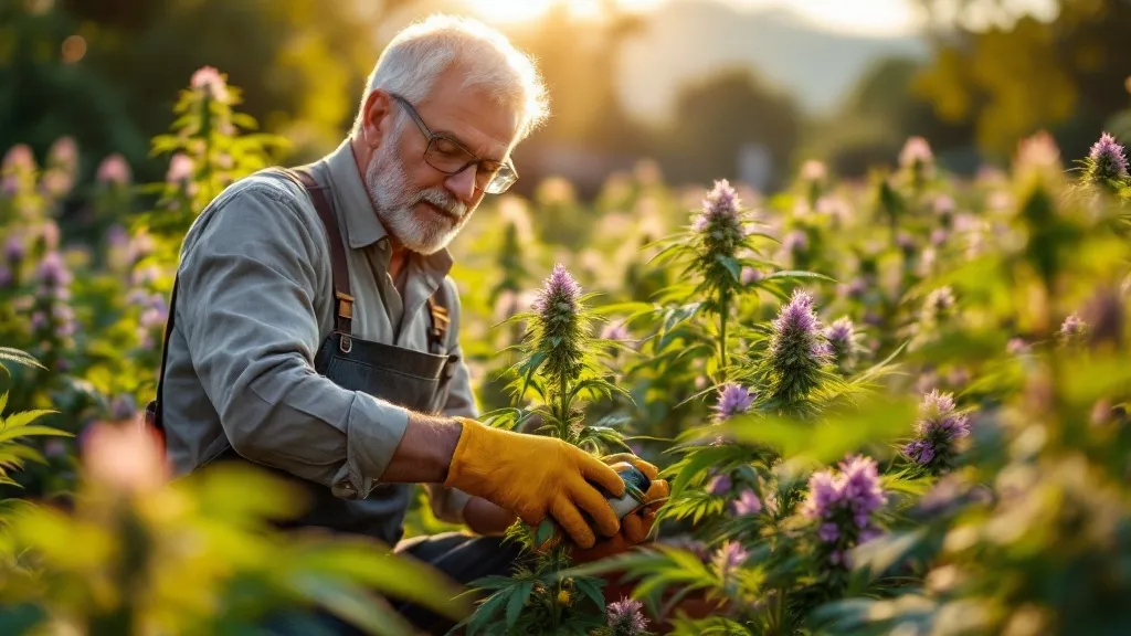 Landwirt nutzt Cannabis Langzeitdünger für gesunde Pflanzen im Freien.