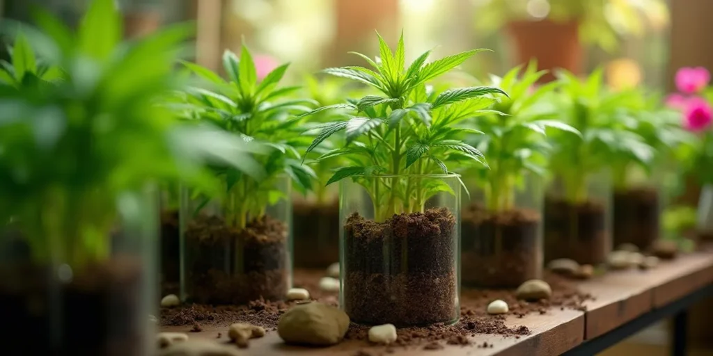 Cannabis Pflanzen im Glas, angebaut in Living Soil für optimales Wachstum.