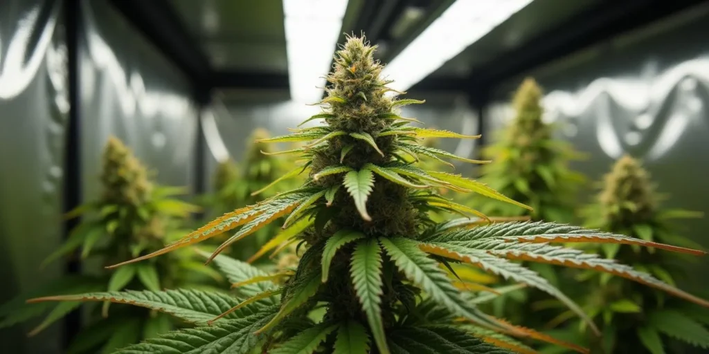 Close-up of a cannabis plant showing yellowing leaves due to Cal-Mag deficiency.