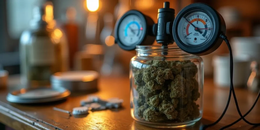 Cannabisblüten fermentieren in einem Glas mit Hygrometer zur Kontrolle der Luftfeuchtigkeit.