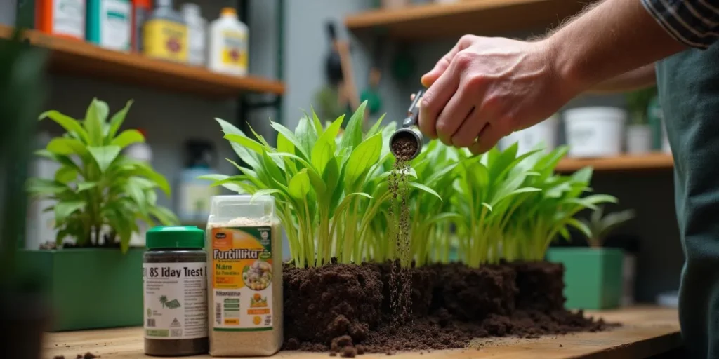 Person düngt Hanf Spargeltpflanzen in einem Indoor-Garten.