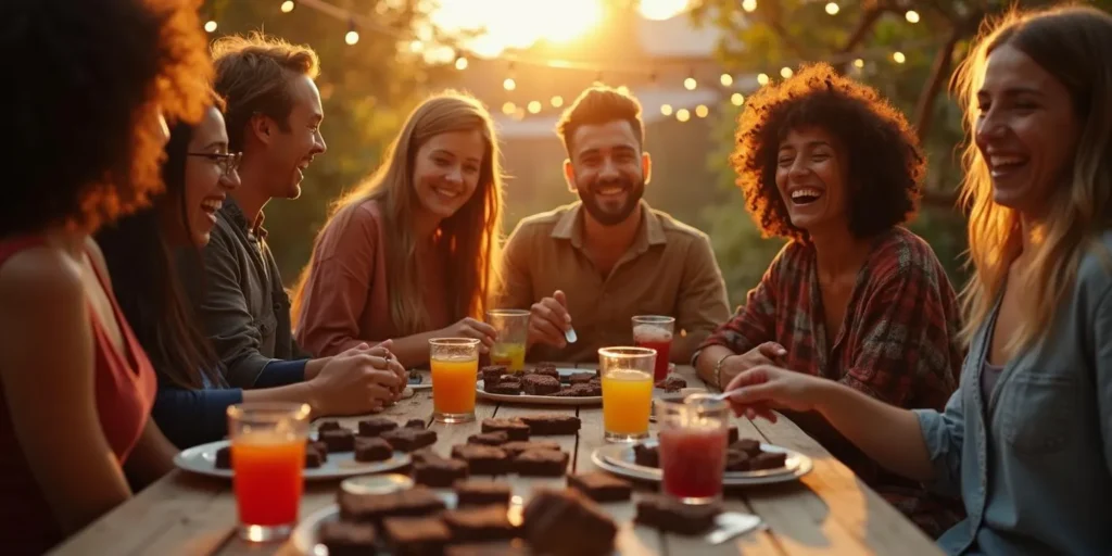 Gruppe von Freunden genießt Haschisch Brownies im Freien bei einem Treffen.