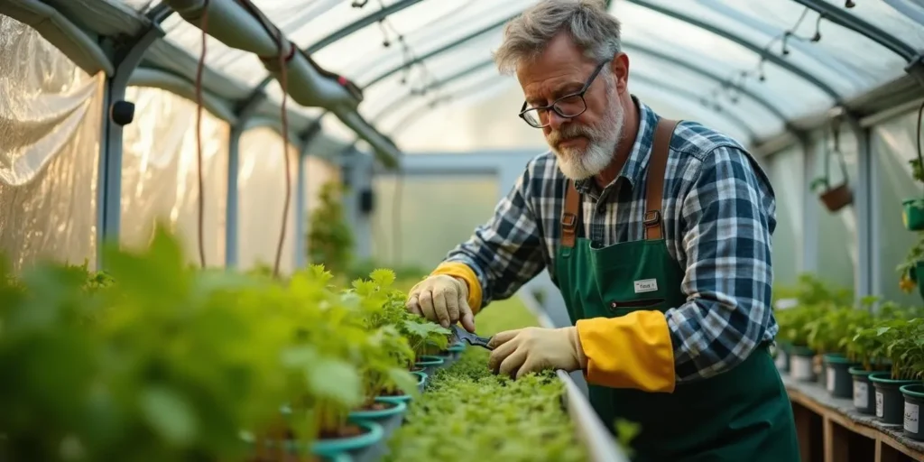 Gärtner im Gewächshaus mit kleinem Growzelt