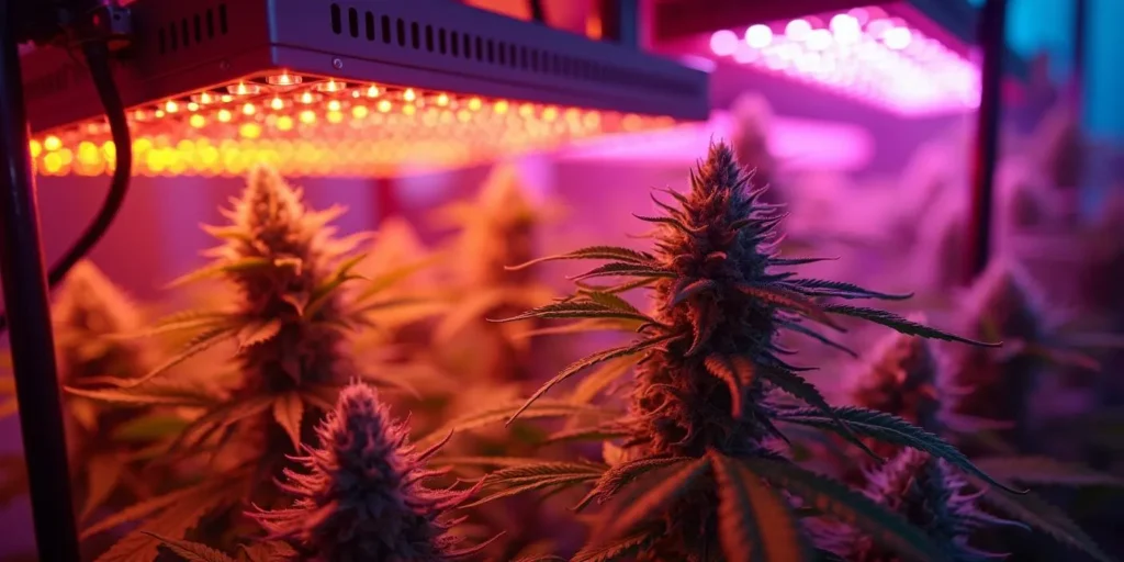 Growbox mit LED-Beleuchtung optimiert den Stromverbrauch und fördert gesundes Cannabiswachstum.