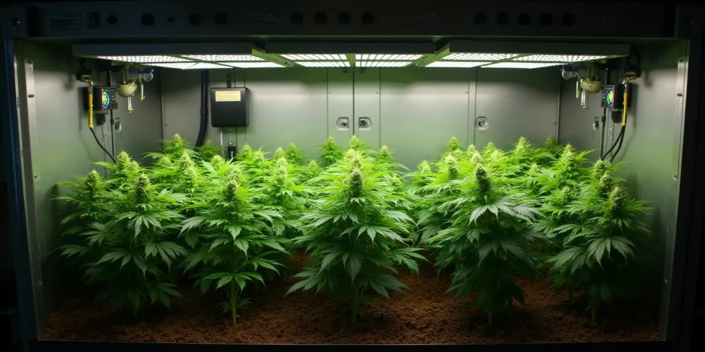 Eine Growbox mit hochwertiger Beleuchtung, die den Stromverbrauch senkt und Cannabispflanzen fördert.