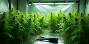 Growzelt mit Klimaanlage sorgt für ideale Bedingungen für Cannabis-Pflanzen.