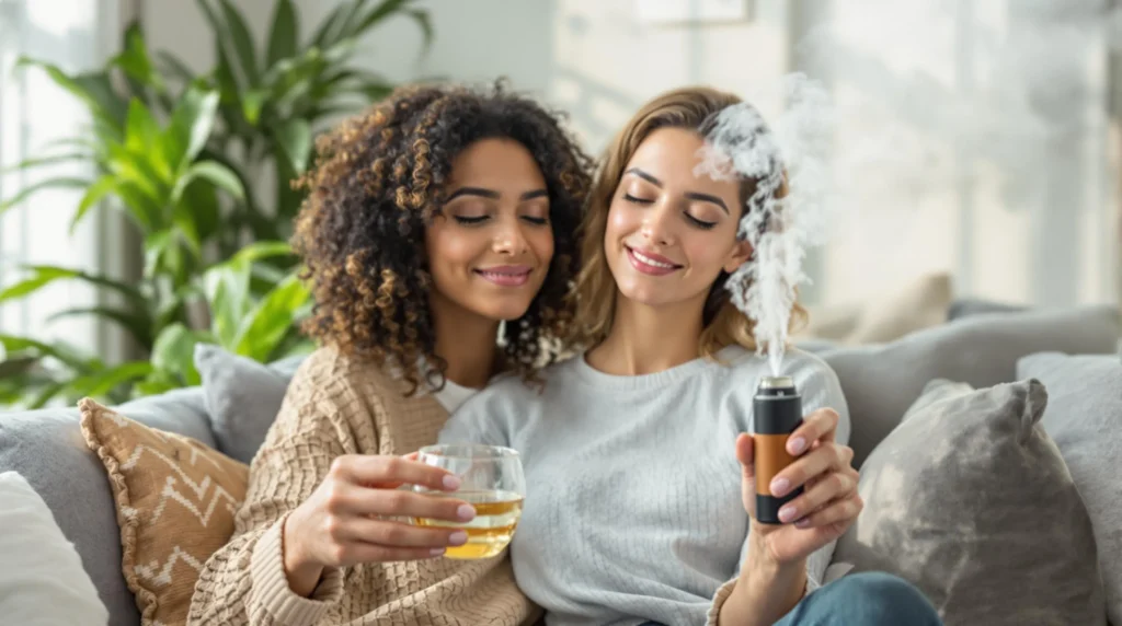 Zwei Frauen genießen das Haschöl mit Gas bei einer entspannten Atmosphäre.