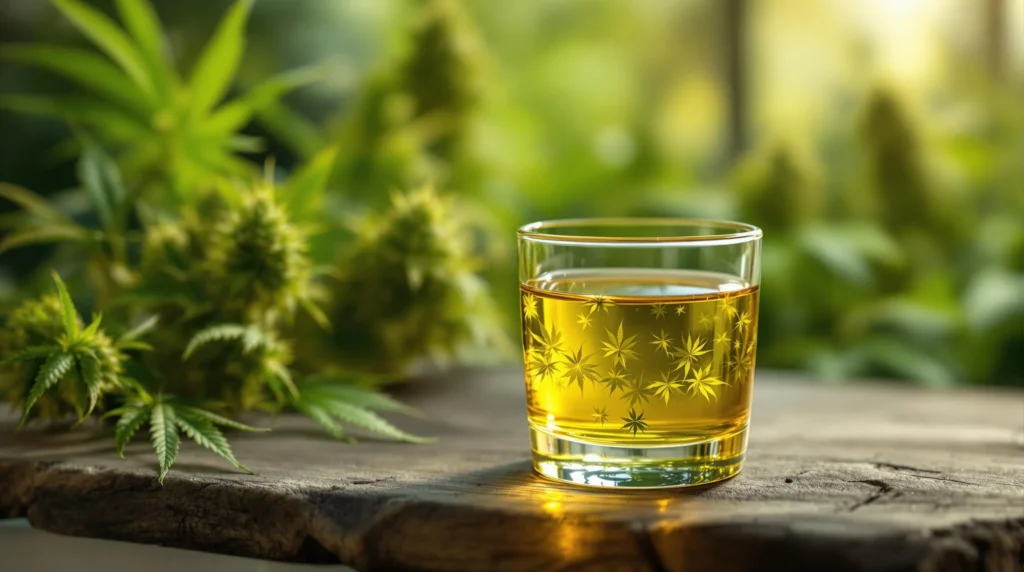  Ein Glas mit hochwertigem Haschöl, das mit Gas extrahiert wurde, vor Cannabis-Pflanzen.