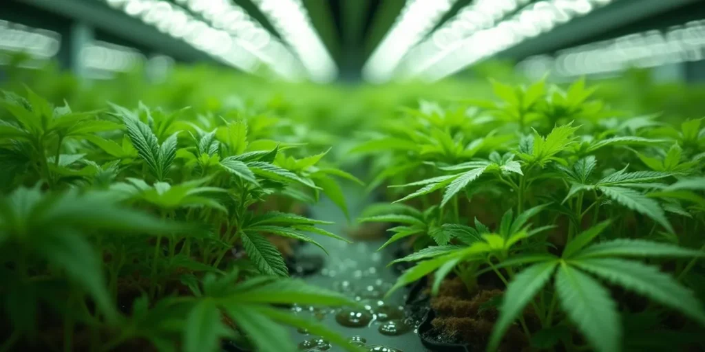 Nahaufnahme eines Hydroponic Systems mit Cannabis-Pflanzen unter LED-Beleuchtung.