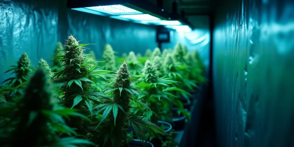 Wedding Cake Auto Cannabis in einem Indoor-Grow Zelt unter LED-Lichtern.