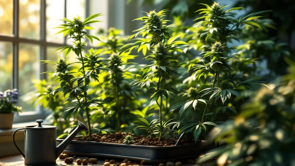 Cannabispflanzen im Wachstumsstadium mit einer gießkanne, vorbereitet für Lollipopping.