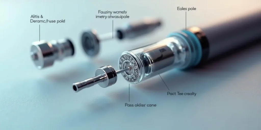 Detailansicht von Komponenten eines nachfüllbaren CBD Vape Pens, ideal für Benutzer, die Qualität und Technik schätzen.