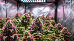 Pink Gorilla Weed Sorte in einem Indoor-Grow unter LED-Lichtern