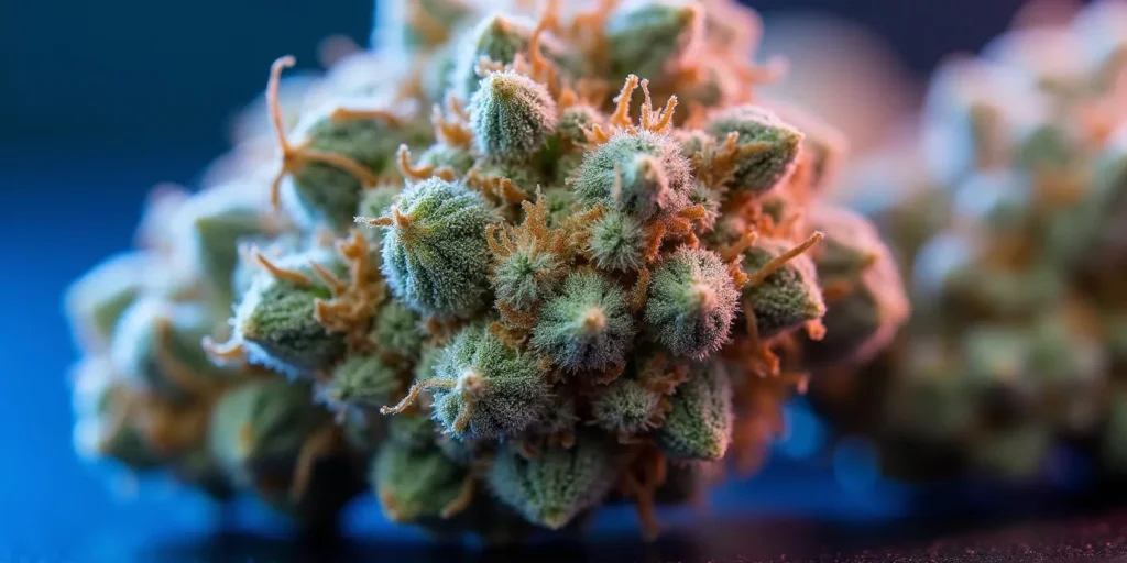 Close-up of RS11 x Cereal Milk cannabis buds with trichomes.